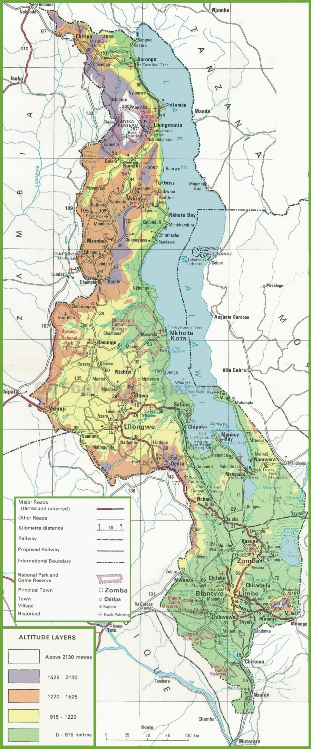 kart av fysisk kart over Malawi