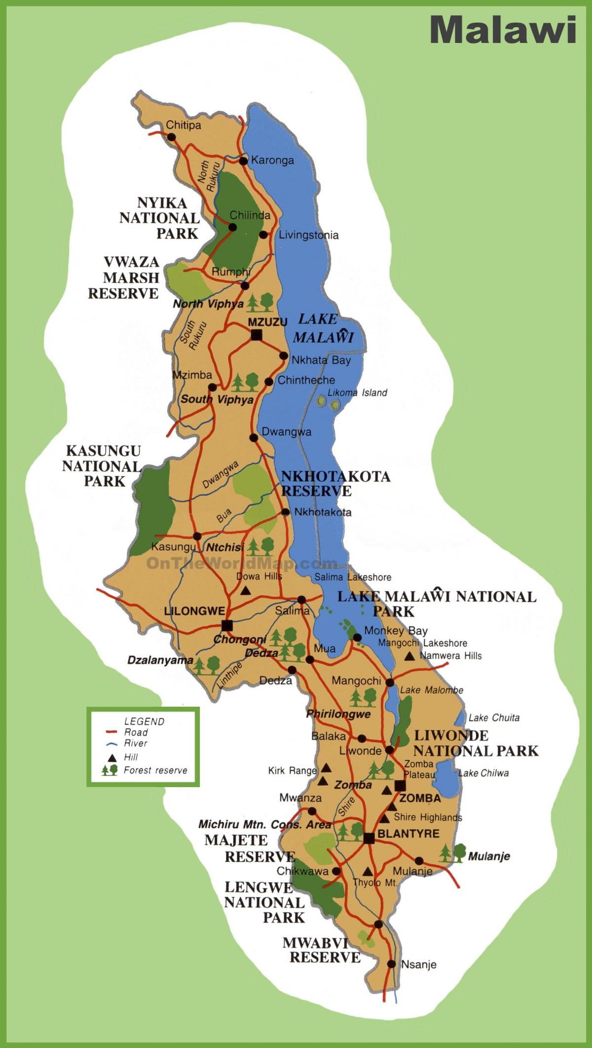 kart over Malawi og omkringliggende land