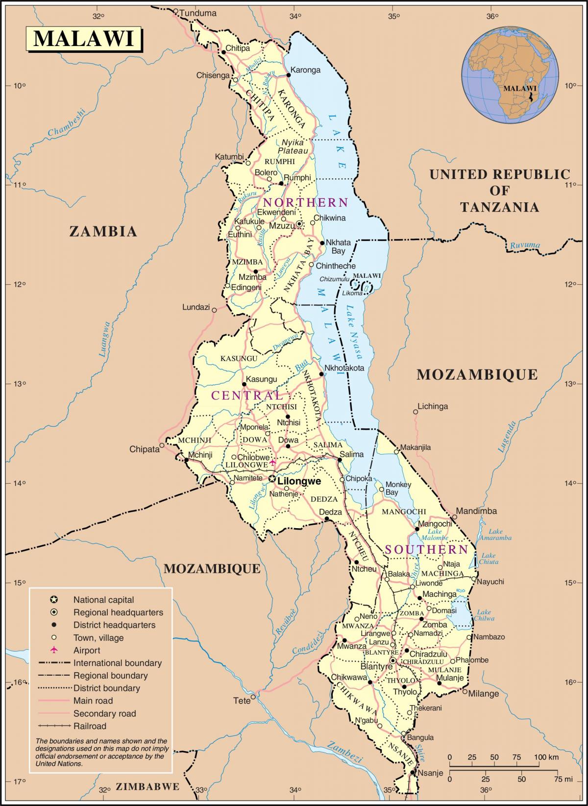 kart over Malawi viser veier